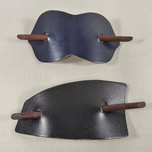 2 Large Black Blue Leather Hair Barrette Buckle Wooden Stick Ponytail Holder Cli